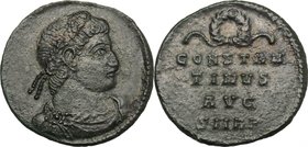 Constantine I (307-337). AE Follis, Rome mint. D/ Rosette-diademed, draped and cuirassed bust right. R/ CONSTAN/TINVS/AVG in three lines; above, wreat...