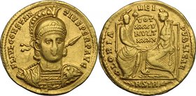 Constantius II (337-361). AV Solidus, Sirmium mint. D/ FL IVL CONSTANTIVS PERP AVG. Pearl-diademed, helmeted and cuirassed bust facing, holding spear ...