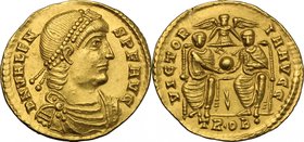 Valens (364-378). AV Solidus, Treveri mint. D/ DN VALENS PF AVG. Diademed, draped and cuirassed bust right. R/ VICTORIA AVGG. Two emperors seated faci...