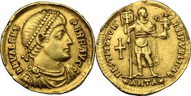 Valens (364-378). AV Solidus, Antioch mint, 364 AD. D/ DN VALENS PERF AVG. Pearl-diademed, draped and cuirassed bust right. R/ RESTITVTOR REIPVBLICAE....