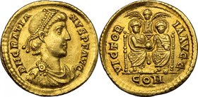 Gratian (367-383). AV Solidus, Mediolanum mint. D/ DN GRATIANVS PF AVG. Pearl-diademed, draped and cuirassed bust right. R/ VICTORIA AVGG. Theodosivs ...