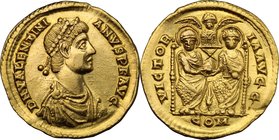 Valentinian II (375-392). AV Solidus, Mediolanum mint, 378-383 AD. D/ DN VALENTINIANVS PF AVG. Pearl-diademed, draped and cuirassed bust right. R/ VIC...