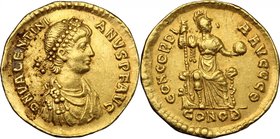 Valentinian II (375-392). AV Solidus, Constantinople mint, 382-383 AD. D/ DN VALENTINIANVS PF AVG. Pearl-diademed, draped and cuirassed bust right. R/...
