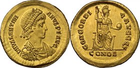 Valentinian II (375-392). AV Solidus, Constantinople mint, 383-388 AD. D/ DN VALENTINIANVS PF AVG. Pearl-diademed, draped and cuirssed bust right. R/ ...