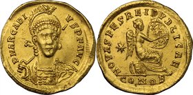 Arcadius (383-408). AV Solidus, Constantinople mint, c. 403-408 AD. D/ DN ARCADIVS PF AVG. Helmeted, diademed and cuirassed bust facing slightly right...
