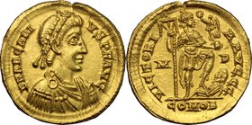 Arcadius (383-408). AV Solidus, Mediolanum mint, 395-402 AD. D/ DN ARCADIVS PF AVG. Pearl-diademed, draped and cuirassed bust right. R/ VICTORIA AVGGG...