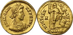 Arcadius (383-408). AV Solidus, Rome mint, 404-408 AD. D/ DN ARCADIVS PF AVG. Pearl-diademed, draped and cuirassed bust right. R/ VICTORIA AVGGG. Empe...