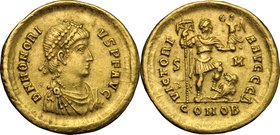 Honorius (393-423). AV Solidus, Sirmium mint (?). D/ DN HONORIVS PF AVG. Diademed, draped and cuirassed bust right. R/ VICTORIA AVGGG. Emperor standin...