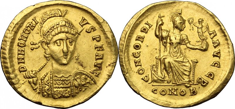 Honorius (393-423). AV Solidus, Constantinople mint, 395-402. D/ DN HONORIVS PF ...