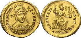 Honorius (393-423). AV Solidus, Constantinople mint, 395-402. D/ DN HONORIVS PF AVG. Pearl-diademed, helmeted and cuirassed bust facing slightly right...