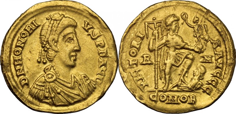 Honorius (393-423). AV Solidus, Rome mint, 402-416 AD. D/ DN HONORIVS PF AVG. Pe...