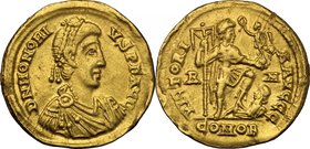 Honorius (393-423). AV Solidus, Rome mint, 402-416 AD. D/ DN HONORIVS PF AVG. Pearl-diademed, draped and cuirassed bust right. R/ VICTORIA AVGGG. Hono...