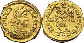 Honorius (393-423). AV Tremissis, Rome mint, 404-408 AD. D/ DN HONORIVS PF AVG. Paerl-diademed, draped and cuirassed bust right. R/ VICTORIA AVGVSTORV...