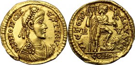 Honorius (393-423). AV Solidus, Ravenna mint, 402-406 AD. D/ DN HONORIVS PF AVG. Pearl-diademed, draped and cuirassed bust right. R/ VICTORIA AVGGG. H...