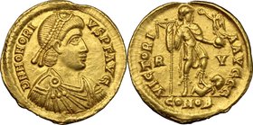 Honorius (393-423). AV Solidus, Ravenna mint. D/ DN HONORIVS PF AVG. Pearl-diademed, draped and cuirassed bust right. R/ VICTORIA AVGGG. Honorius stan...