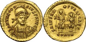 Theodosius II (402-450). AV Solidus, Constantinople mint, 425-429 AD. D/ DN THEODOSIVS PF AVG. Pearl-diademed, helmeted and cuirassed bust facing slig...
