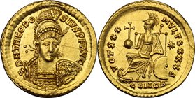Theodosius II (402-450). AV Solidus, Constantinople mint, 430-440 AD. D/ DN THEODOSIVS PF AVG. Pearl-diademed, helmeted and cuirassed bust facing slig...