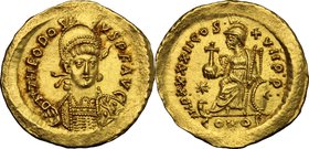 Theodosius II (402-450). AV Solidus, Constantinople mint, 442-443 AD. D/ DN THEODOSIVS PF AVG. Pearl-diademed, helmeted and cuirassed bust facing slig...