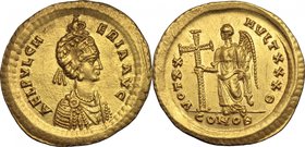 Aelia Pulcheria (414-453). AV Solidus, 420-422. Constantinople mint. D/ AEL PVLCHERIA AVG. Diademed and draped bust right, hand of God placing crown o...