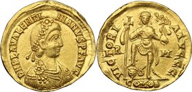 Valentinian III (425-455). AV Solidus, Rome mint. D/ DN PLA VALENTINIANVS PF AVG. Rosette-diademed, draped and cuirassed bust right. R/ VICTORIA AVGGG...