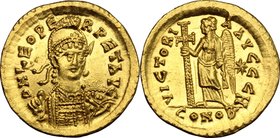 Leo I (457-474). AV Solidus, Constantinople mint, 462 or 466 AD. D/ DN LEO PERPET AVG. Pearl-diademed, helmeted and cuirassed bust facing slightly rig...