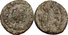 Majorian (457-461). AE Nummus, Mediolanum mint. D/ DN IVL MAIORIANVS PF AVG. Pearl-diademed, draped and cuirassed bust right. R/ VICTORIA AVGGG. Victo...