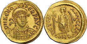 Zeno. Second reign (476-491). AV Solidus, Constantinople mint, 476-491 AD. D/ DN ZENO PERP AVG. Pearl-diademed, helmeted and cuirassed bust facing sli...