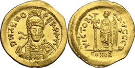 Zeno, Second reign (476-491). AV Solidus, uncertain Italian mint. D/ DN ZENO PERP AVG. Pearl-diademed, helmeted and cuirassed bust facing slightly rig...