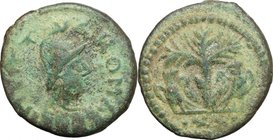 Ostrogothic Italy, Athalaric (526-534). AE 20 Nummi (Half Follis). Rome mint. D/ INVICT-A ROMA. Helmeted and cuirassed bust of Roma right. R/ Two eagl...