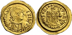 Lombardic Italy. Authari (584-590) to Agilulf (590-615). AV Tremissis in the name of Maurice Tiberius (582-602). Struck c. 584-615 AD, Lombardy. D/ DN...
