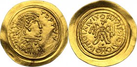 Lombardic Italy. Authari (584-590) to Agilulf (590-615). AV Tremissis in the name of Maurice Tiberius (582-602). Struck c. 584-615 AD, Lombardy. D/ DN...