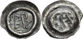 Lombardic Italy. Perctarit (661-662, 671-688). AR Unit (Half Siliqua?) Pavia mint. D/ Monogram PERT; three dots in field. heavy annular border. R/ Inc...