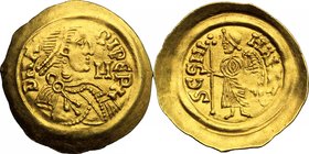 Lombardic Italy. Aripert II (700-712). AV Tremissis, Lombardy and Tuscany. D/ DNA - RIPЄRX (RX ligate). Pearl-diademed, draped and cuirassed bust righ...