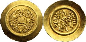 Lombardic Italy. Liutprand (712-744). AV Tremissis, Lombardy. D/ [ ] - TPRDN RX (RX ligate). Pearl-diademed, draped and cuirassed bust right; in right...