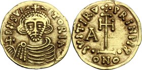 The Lombards at Beneventum. Arichis II, as Princeps (774-787). AV Tremissis. D/ DNS VI - - CTORIΛ. Crowned, draped and cuirassed bust facing, holding ...