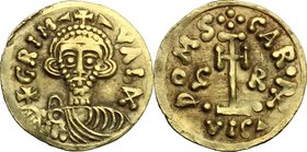 The Lombards at Beneventum. Grimoald III, with Charlemagne, king of the Franks (788-806). AV Tremissis. D/ + GRIM - - VAL DX (ligate). Crowned, draped...