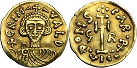 The Lombards at Beneventum. Grimoald III, with Charlemagne, king of the Franks (788-806). AV Tremissis. D/ + GRIM - - VALD. Crowned, draped and cuiras...