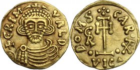 The Lombards at Beneventum. Grimoald III, with Charlemagne, king of the Franks (788-806). AV Tremissis. D/ + GRIM - - VALD. Crowned, draped and cuiras...
