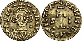 The Lombards at Beneventum. Sicard (832-839). Pale AV Tremissis. D/ SIC - - ARDV• Crowned and draped bust facing, holding globus cruciger; wedge in ri...