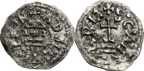 The Lombards at Beneventum. Adelchis (853-878). AR Denarius. D/ + ADELCHIS PRIN. Temple facade; cross within. R/ + S•C•AM-•-ARIA. Cross potent on two ...
