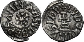 The Lombards at Beneventum. Adelchis (833-878). AR Denarius, in the name of Louis II Emperor and Angilberga. D/ + LVDOVICVS INP. Cross potent on two s...