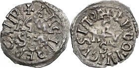 The Lombards at Beneventum. Adelchis (833-878). AR Denarius, in the name of Louis II Emperor and Angilbrga. D/ + LVDOVICVS IMPE around cruciform monog...