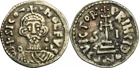 The Lombards at Salerno. Siconulf, Usurper in Salerno (839-849). Pale AV Solidus. D/ SICO - - NOLFVS• Crowned and draped bust facing, holding globus c...