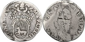 Ancona. Marcello II (1555). Giulio. D/ Stemma Cervini in cornice sormontato da tiara e chiavi decussate. R/ San Pietro in piedi stante con libro chius...