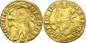 Bologna. Giovanni I Bentivoglio (1401-1402). Bolognino d'oro. D/ Leone rampante volto a sinistra regge con ambo le zampe vessillo. R/ San Pietro nimba...