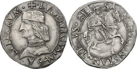Carmagnola. Ludovico II di Saluzzo (1475-1504). Cavallotto senza sigle. D/ Busto corazzato a sinistra con berretto. R/ Santo con vessillo su cavallo g...