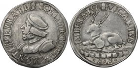 Casale. Gian Giorgio Paleologo (1530-1533). Testone. D/ Busto corazzato a sinistra con barba e berretto. R/ Cervo con arma Saluzzo al collo, accasciat...