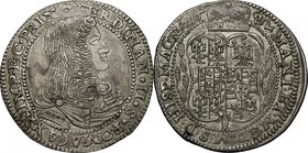 Castiglione delle Stiviere. Ferdinando II Gonzaga (1680-1723). Da 25 soldi 1682. D/ Busto drappeggiato a destra con lunga capigliatura. R/ Grande scud...
