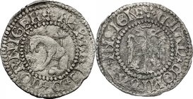 Ferrara. Borso d'Este (1450-1471). Quattrino anonimo. D/ Il liocorno, seduto a sinistra, appoggiato ad una palma. R/ Aquila bicipite, coronata. CNI 35...