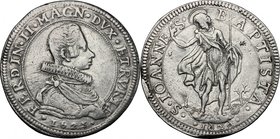 Firenze. Ferdinando II (1621-1670). Piastra 1625/1626 (6 rovesciati). D/ Busto a destra corazzato, con gorgiera e decorazione. R/ San Giovanni Battist...